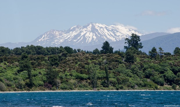 Snow capped mountains behind Lake Taupo